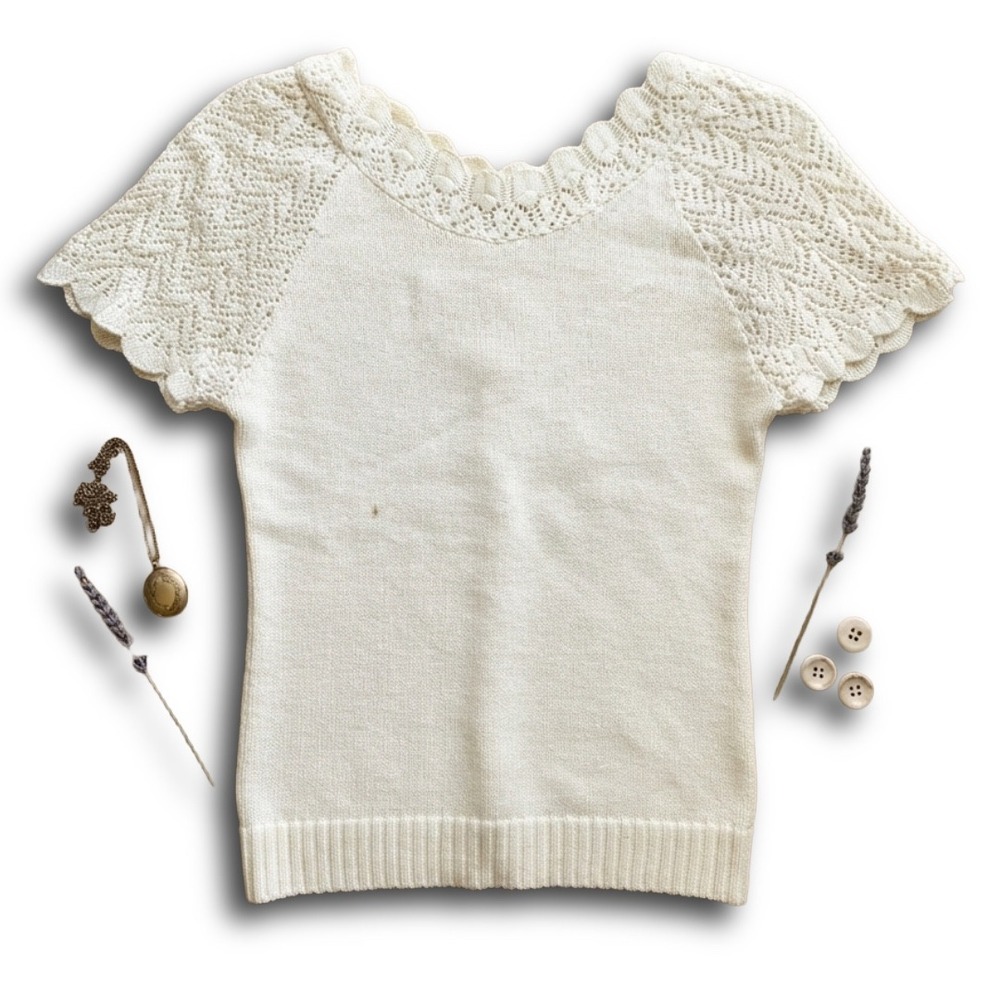 Vintage Jolie New York Cream Knit Top Crochet Scallop Short Sleeve Cotton USA